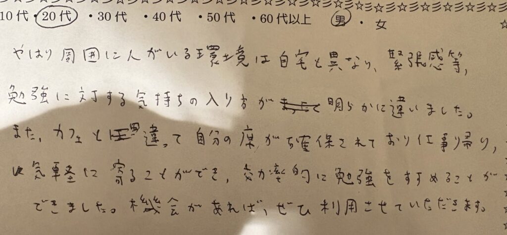 仕事帰りに使える自習室・勉強できるコワーキングスペースの20代男性口コミ（手書き）